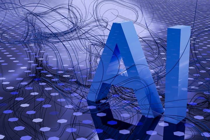Three-dimensional AI lettering over an abstract neural network